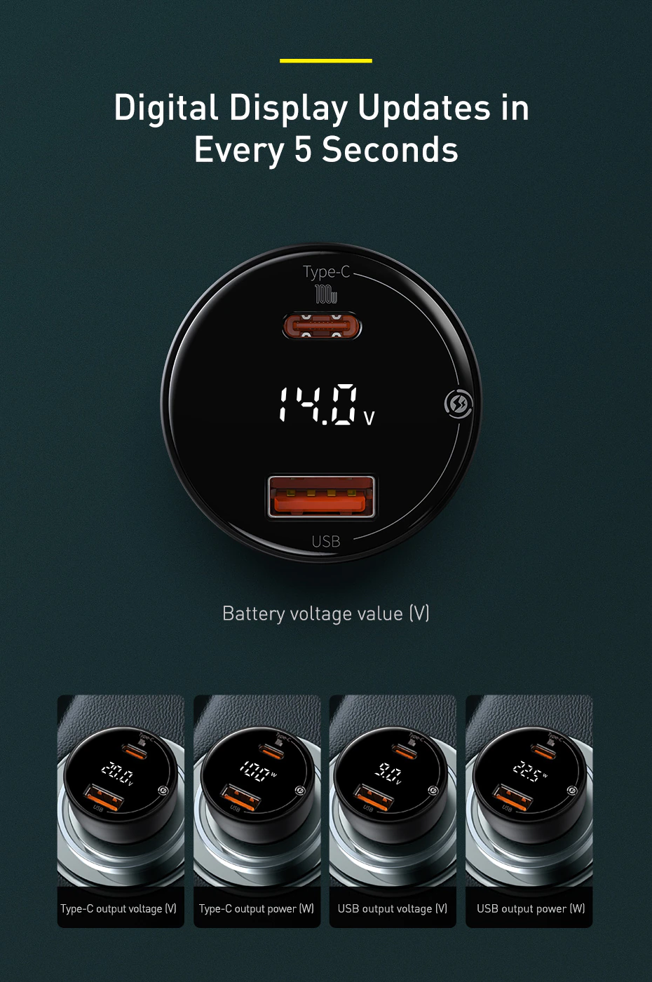 Зарядното устройство за кола Baseus Superme Display Car Charger TZCCZX-01, USB, USB-C, QC, PD, 100W с USB-C кабел